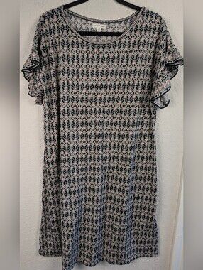 Max Studio Stretch Knit Shift Dress 1X Black Sage Peach Short Sleeve Excellent